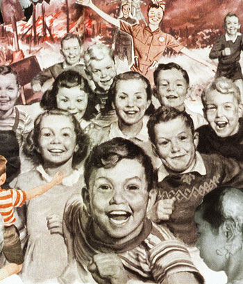 Poking fun at the duck n cover ethos of Cold War, artist Sally Edelstein's collage portrays smiling baby boomer children rushing to a fall out shelter